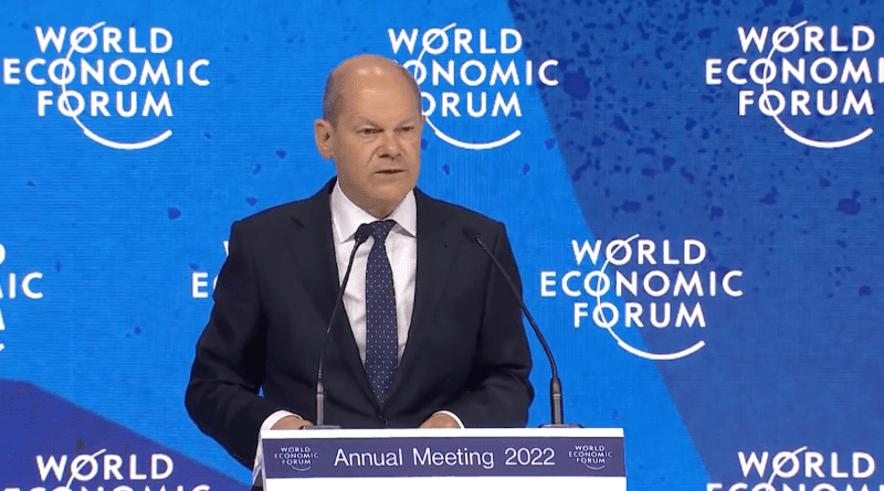 German Chancellor Olaf Scholz speaking at World Economic Forum Annual Meeting. Photo Credit: WEF video screengrab