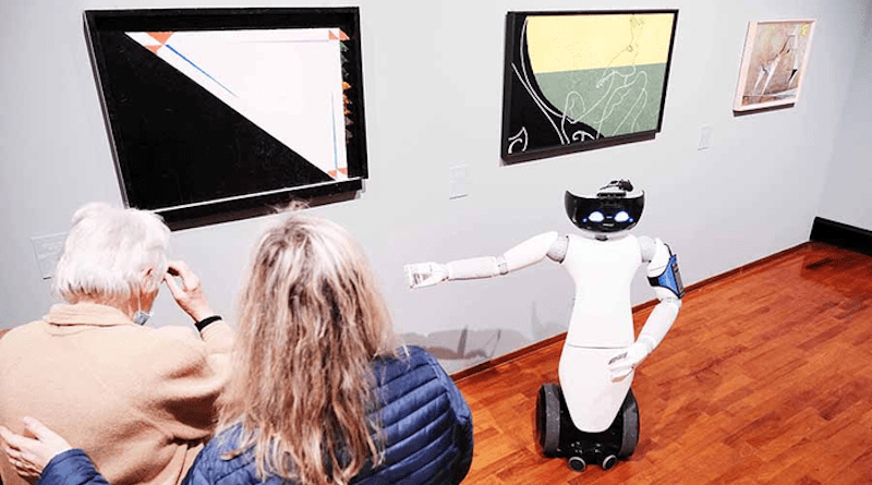 In the framework of EU-funded project 5GTours, R1 humanoid robot tested at GAM (Turin) its ability to navigate and interact with visitors at the 20th-century collections, accompanying them to explore a selection of the museum’s most representative works, such as Osvaldo Lucini’s “Uccello 2”. The robot has been designed and developed by IIT, while the 5G connection was set up by TIM using Ericsson technology. CREDIT: IIT-Istituto Italiano di Tecnologia/GAM