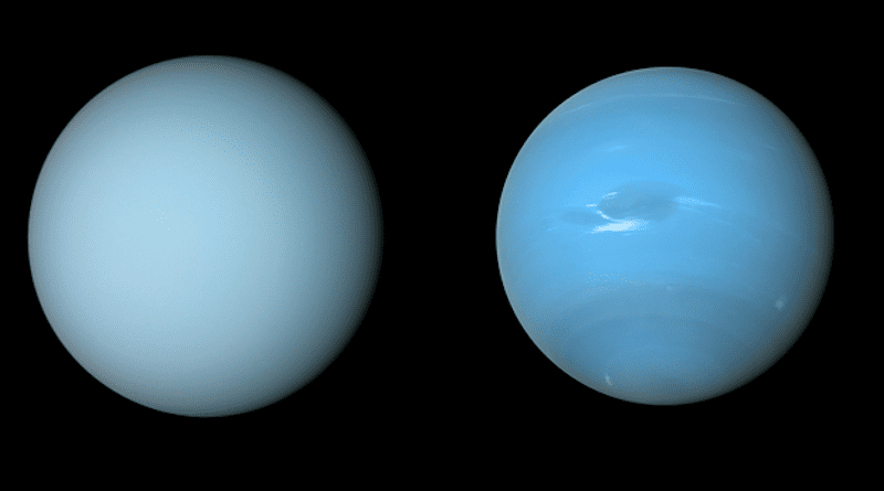 NASA’s Voyager 2 spacecraft captured these views of Uranus (on the left) and Neptune (on the right) during its flybys of the planets in the 1980s. CREDIT: NASA/JPL-Caltech/B. Jónsson