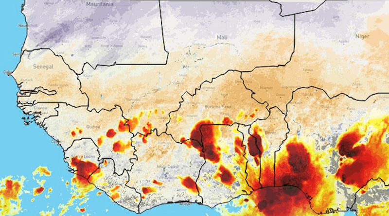 This image from the portal shows storms (in red) across West Africa on the evening of 27 April 2022. CREDIT: © Mapbox © OpenStreetMap © 2022 EUMETSAT
