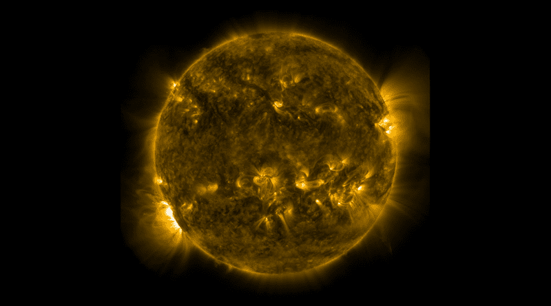 NASA’s Solar Dynamics Observatory captured this image of a solar flare – as seen in the bright flash in the bottom left portion of the image – on May 3, 2022. The image shows a subset of extreme ultraviolet light that highlights the extremely hot material in flares and which is colorized in yellow. CREDIT: NASA SDO