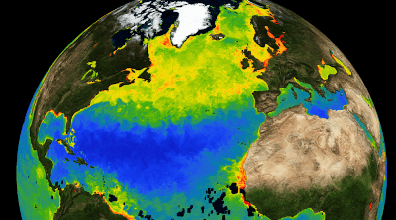 Like plants and trees on land, phytoplankton in the ocean flourishes in the spring, as captured by satellite ocean color obervations. Green to red values indicate high phytoplankton concentrations. The image shows a snapshot from April, 2021 (Data from NASA OceanColor WEB https://oceancolor.gsfc.nasa.gov/). CREDIT: Institute for Basic Science
