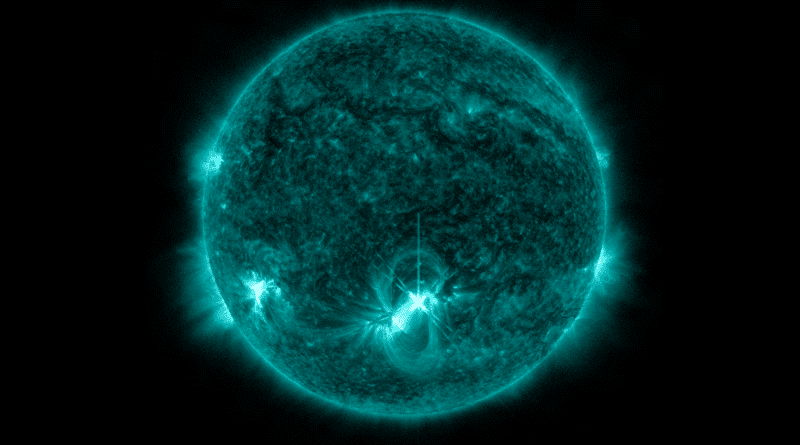 NASA’s Solar Dynamics Observatory captured this image of a solar flare – as seen in the bright flash towards the middle of the Sun – on Tuesday, May 10, 2022. The image shows a subset of extreme ultraviolet light that highlights the extremely hot material in flares and which is colorized in teal. CREDIT: NASA/SDO