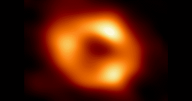 This is the first image of Sgr A*, the supermassive black hole at the centre of our galaxy. It’s the first direct visual evidence of the presence of this black hole. It was captured by the Event Horizon Telescope (EHT), an array which linked together eight existing radio observatories across the planet to form a single “Earth-sized” virtual telescope. The telescope is named after the event horizon, the boundary of the black hole beyond which no light can escape. Although we cannot see the event horizon itself, because it cannot emit light, glowing gas orbiting around the black hole reveals a telltale signature: a dark central region (called a shadow) surrounded by a bright ring-like structure. The new view captures light bent by the powerful gravity of the black hole, which is four million times more massive than our Sun. The image of the Sgr A* black hole is an average of the different images the EHT Collaboration has extracted from its 2017 observations. In addition to other facilities, the EHT network of radio observatories that made this image possible includes the Atacama Large Millimeter/submillimeter Array (ALMA) and the Atacama Pathfinder EXperiment (APEX) in the Atacama Desert in Chile, co-owned and co-operated by ESO is a partner on behalf of its member states in Europe. CREDIT: EHT Collaboration