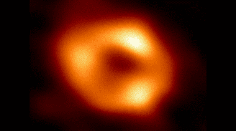 This is the first image of Sgr A*, the supermassive black hole at the centre of our galaxy. It’s the first direct visual evidence of the presence of this black hole. It was captured by the Event Horizon Telescope (EHT), an array which linked together eight existing radio observatories across the planet to form a single “Earth-sized” virtual telescope. The telescope is named after the event horizon, the boundary of the black hole beyond which no light can escape. Although we cannot see the event horizon itself, because it cannot emit light, glowing gas orbiting around the black hole reveals a telltale signature: a dark central region (called a shadow) surrounded by a bright ring-like structure. The new view captures light bent by the powerful gravity of the black hole, which is four million times more massive than our Sun. The image of the Sgr A* black hole is an average of the different images the EHT Collaboration has extracted from its 2017 observations. In addition to other facilities, the EHT network of radio observatories that made this image possible includes the Atacama Large Millimeter/submillimeter Array (ALMA) and the Atacama Pathfinder EXperiment (APEX) in the Atacama Desert in Chile, co-owned and co-operated by ESO is a partner on behalf of its member states in Europe. CREDIT: EHT Collaboration