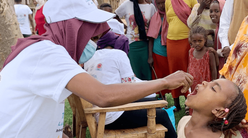 A girl receives oral cholera vaccine during a campaign led by IVI and partners in Shashemene, Ethiopia. CREDIT: IVI