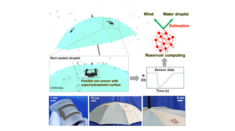 A versatile, flexible sensor sheet can be easily fixed to a wide range of surfaces to simultaneously monitor rain volume and wind speed. The sensor measures the electrical resistance generated when raindrops hit its surface at different wind speeds and provides sensor data, which is analyzed through reservoir computing. CREDIT: Kuniharu Takei, OMU