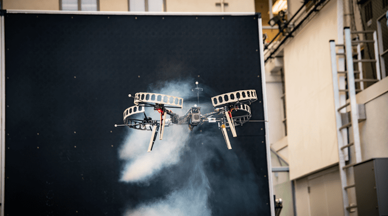 Drone equipped with Neural-Fly is tested at the Real Weather Wind Tunnel at Caltech's Center for Autonomous Systems and Technologies. CREDIT: Caltech