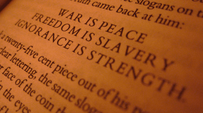 "War is Peace, Freedom is Slavery, Ignorance is Strength." Page from George Orwell's 1984. Photo Credit: Jason Ilagan, Flickr
