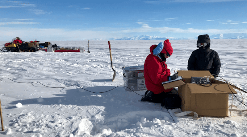 Chloe Gustafson and mountaineer Meghan Seifert installing a magnetotelluric station in Antarctica. CREDIT: Kerry Key, Columbia University