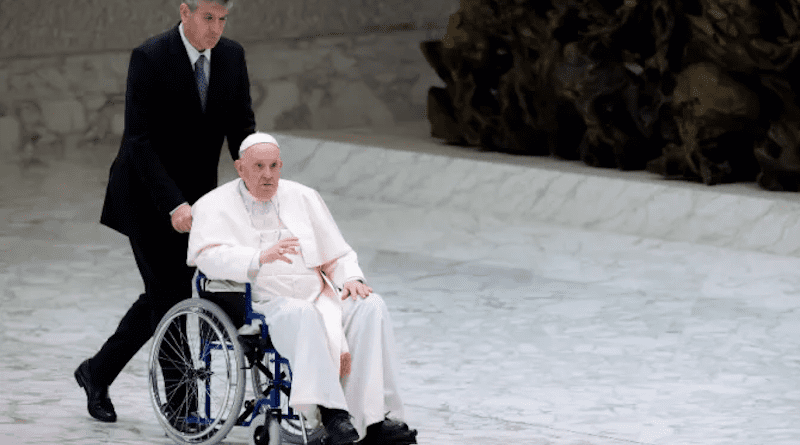 Pope Francis using a wheelchair on May 5, 2022. Photo Credit: Daniel Ibáñez/CNA.