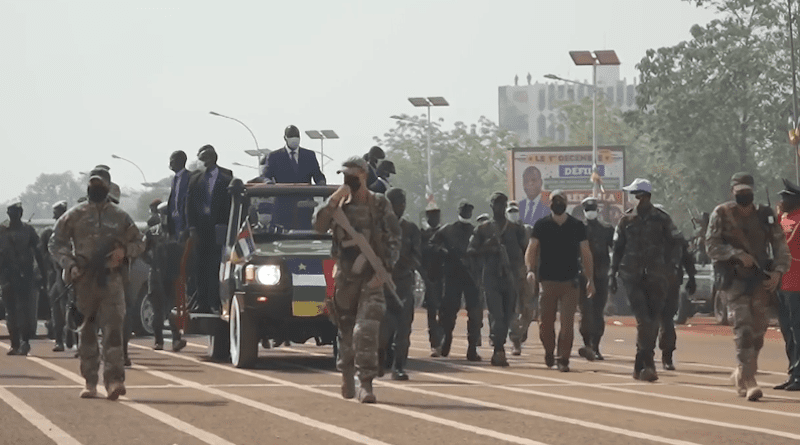 Russian Wagner Group mercenaries provide security for convoy with president of the Central African Republic. Photo Credit: Clément Di Roma/VOA Wikipedia Commons