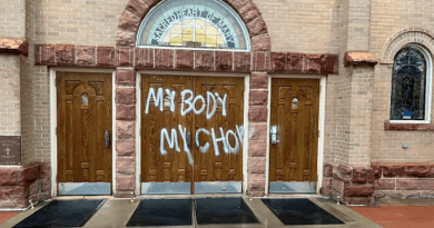 Pro-abortion graffiti on the doors of Sacred Heart of Mary Catholic Church in Boulder, Colorado, on May 4, 2022. | Archdiocese of Denver
