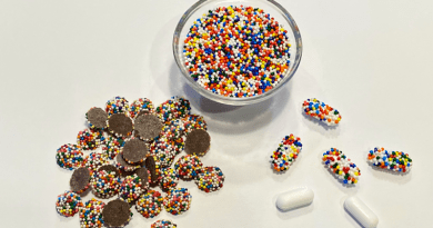 Chocolate drops covered with candy nonpareils (left), a bowl of colorful candy nonpareils (center), pharmaceutical caplets coated with nonpareils (right). CREDIT: William Grover/UCR