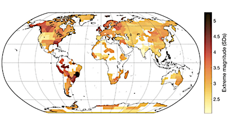 Map showing the magnitude of the greatest extreme since 1950 in each region, expressed in terms of deviation from average temperatures, with climate change trend removed. Darker colours indicate greater extremes. CREDIT: University of Bristol