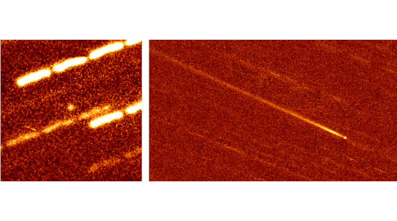 Near-Sun object 323P/SOHO observed by the Subaru Telescope on December 21, 2020 (left) and CFHT on February 11, 2021 (right). 323P/SOHO on its way to perihelion is seen as a point source in the center of the left image; after the perihelion, the comet has developed a long narrow tail as seen in the right image. CREDIT: Subaru Telescope/CFHT/Man-To Hui/David Tholen