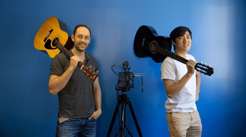 Mark Sheinin (left) and Dorian Chan were part of a CMU research team that developed a camera system that can see sound vibrations with such precision that it can capture isolated audio of separate guitars playing at the same time. CREDIT: Carnegie Mellon University