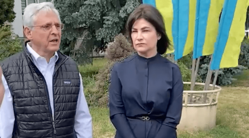 US Attorney General Merrick Garland and Ukrainian Prosecutor General Iryna Venediktova. Photo Credit: Justice Department video screenshot