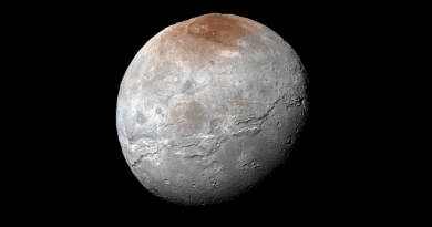 Southwest Research Institute scientists combined data from NASA’s New Horizons mission with novel laboratory experiments and exospheric modeling to reveal the likely composition of the red cap on Pluto’s moon Charon and how it may have formed. New findings suggest drastic seasonal surges in Charon’s thin atmosphere combined with light breaking down the condensing methane frost may be key to understanding the origins of Charon’s red polar zones. CREDIT: Courtesy NASA / Johns Hopkins APL / SwRI