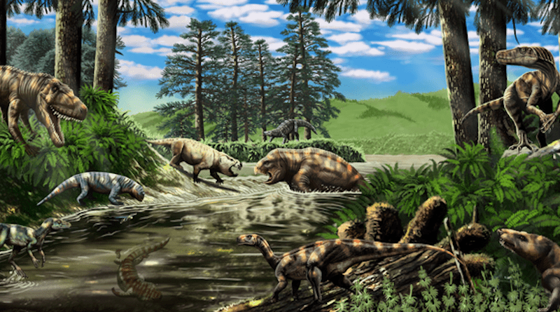 Artist’s reconstruction of the Triassic ecosystem preserved in the Ischigualasto Formation. Animals include amphibians (bottom center-left underwater), rhynchosaurian reptiles (left mid-ground on riverbank), early crocodilian relatives (far left mid-ground and center far background), early mammal relatives (center mid-ground in river and along riverbank, and far right foreground), and early dinosaurs (far left foreground, center right foreground, and far right mid-ground). CREDIT: Jorge Gonzalez/Natural History Museum of Utah