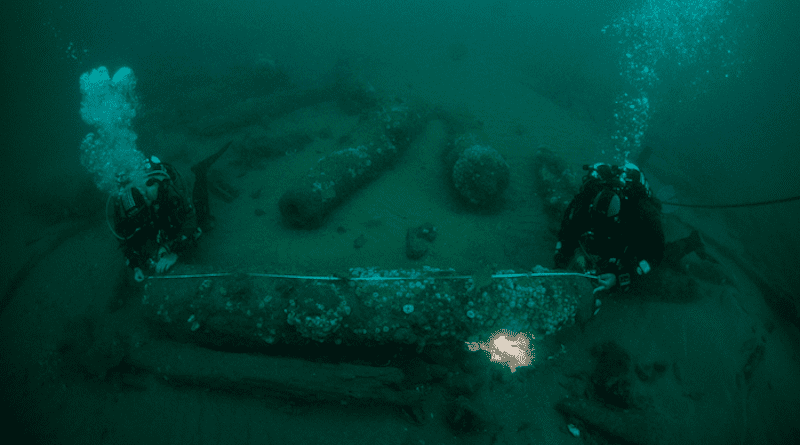 The Barnwell brothers measuring one of the ship's cannons. CREDIT: Norfolk Historic Shipwrecks