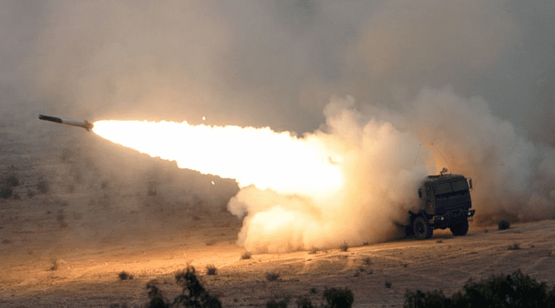 An M28 Reduced Range Practice Rocket (RRPR) is launched from a HIMARS. Photo Credit: LCPL Seth Maggard, USMC, Wikipedia Commons