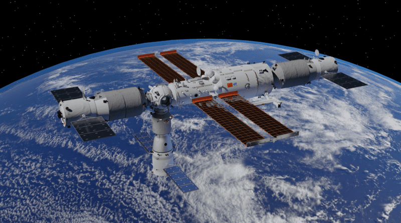 A rendering of China's Tiangong Space Station in its current construction state as of March 2022. Photo Credit: Shujianyang, Wikipedia Commons
