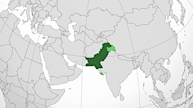 Land controlled by Pakistan shown in dark green; land claimed but not controlled shown in light green location Credit: Wikipedia Commons