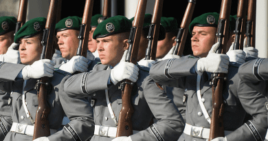 German honor guard members stand in formation at the Defense Ministry in Berlin, Germany. DoD photo by D. Myles Cullen