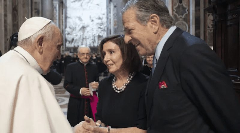 Pope Francis speaks to House Speaker Nancy Pelosi and Paul Pelosi after Mass in St. Peter's Basilica on June 29, 2022. Vatican Media