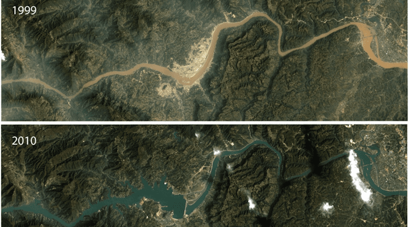 The Three Gorges Dam dramatically reduced the amount of sediment transported by the Yangtze River in China after its completion in 2003. The top image shows the dam site during construction in 1999, when sediment colors the free-flowing river brown. The bottom image shows the completed dam in 2010. Dark blue water flows through the dam without sediment, which is trapped upstream in the reservoir, one of an estimated 50,000 in the river basin. CREDIT: NASA Landsat/United States Geologic Survey. Figure compiled by Evan Dethier.