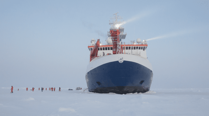 The German research vessel Polarstern (operated by the Alfred Wegener Institue) during the MOSAiC expedition in the Arctic Ocean. CREDIT: Alfred-Wegener-Institut / Sebastian Grote
