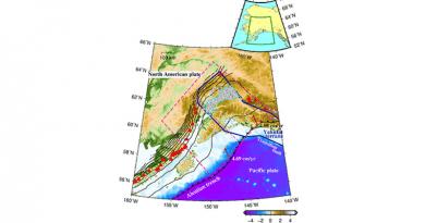 The thick blue solid line outlines the Yakutat terrane. The white circle indicates the epicentre of the low-frequency tectonic tremors, and the light blue dashed line shows the area where the tectonic tremors occurred, which is used in Figures 2 to 4. The area inside the pink dashed box is the model region used in this study, and the pink dashed line down the center of the box divides the model region into northeast and southwest areas, and represents the boundary between the subducted Yakutat terrane and the subducted Pacific plate in the model. The black lines indicate the isodepth contours of the upper surface of the subducted oceanic plate (with a contour interval of 20 km), red arrows show the plate motion velocity in the Aleutian Trench, and the red triangles indicate volcanoes. CREDIT Iwamoto, K., Suenaga, N. & Yoshioka, S. Relationship between tectonic tremors and 3-D distributions of thermal structure and dehydration in the Alaska subduction zone. Sci Rep 12, 6234 (2022). https://doi.org/10.1038/s41598-022-10113-2