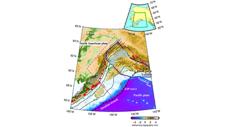 The thick blue solid line outlines the Yakutat terrane. The white circle indicates the epicentre of the low-frequency tectonic tremors, and the light blue dashed line shows the area where the tectonic tremors occurred, which is used in Figures 2 to 4. The area inside the pink dashed box is the model region used in this study, and the pink dashed line down the center of the box divides the model region into northeast and southwest areas, and represents the boundary between the subducted Yakutat terrane and the subducted Pacific plate in the model. The black lines indicate the isodepth contours of the upper surface of the subducted oceanic plate (with a contour interval of 20 km), red arrows show the plate motion velocity in the Aleutian Trench, and the red triangles indicate volcanoes. CREDIT Iwamoto, K., Suenaga, N. & Yoshioka, S. Relationship between tectonic tremors and 3-D distributions of thermal structure and dehydration in the Alaska subduction zone. Sci Rep 12, 6234 (2022). https://doi.org/10.1038/s41598-022-10113-2