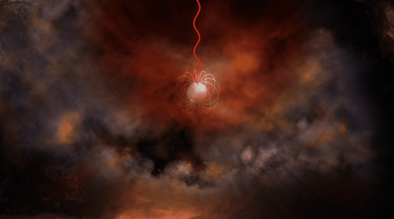 Artist's conception of a neutron star with an ultra-strong magnetic field, called a magnetar, emitting radio waves (red). Magnetars are a leading candidate for what generates Fast Radio Bursts. CREDIT: Bill Saxton, NRAO/AUI/NSF