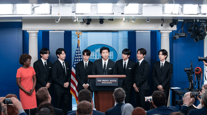 BTS and White House press secretary Karine Jean-Pierre speaking at the daily briefing at the White House on May 31, 2022. Photo Credit: The White House