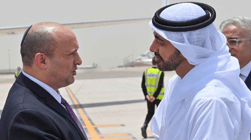 Israel's Prime Minister Naftali Bennett meeting with UAE Foreign Minister Sheikh Abdullah bin Zayed bin Sultan Al Nahyan, June 9, 2022. Photo Credit: GPO