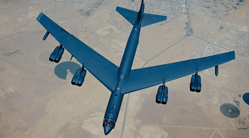 A U.S. Air Force B-52 Stratofortress strategic bomber, of the 5th Bomb Wing, conducts a presence patrol mission with coalition and regional partners over the U.S. Central Command area of responsibility June 8, 2022. Photo Credit: Air Force Master Sgt. Matthew Plew