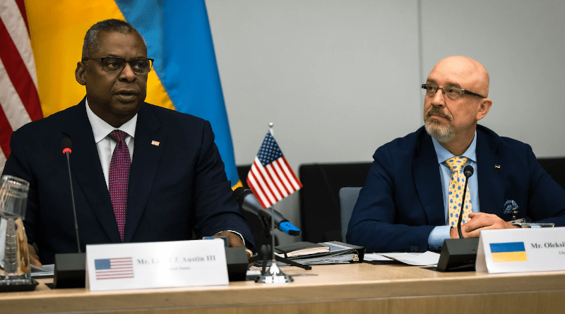 Secretary of Defense Lloyd J. Austin III and Ukrainian Defense Minister Oleksii Reznikov attend the third meeting of the Ukraine Defense Contact Group at NATO headquarters in Brussels, June. 15, 2022. Photo Credit: Chad McNeeley, DOD