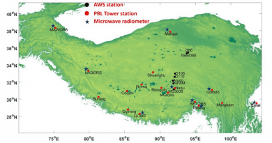 Map of the 3D comprehensive observation network that has been established over the TP, in which the black dots represent automatic weather stations, the red dots represent stations with a planetary boundary layer tower and eddy covariance system, and the blue stars represent microwave radiometers. CREDIT: MA Yaoming