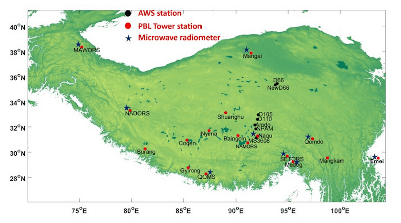 Map of the 3D comprehensive observation network that has been established over the TP, in which the black dots represent automatic weather stations, the red dots represent stations with a planetary boundary layer tower and eddy covariance system, and the blue stars represent microwave radiometers. CREDIT: MA Yaoming