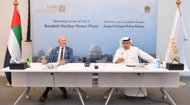 Viktorsson (on the left) and Al Kaabi announced FANR's approval of the licence at a livestreamed press conference (Image: FANR)