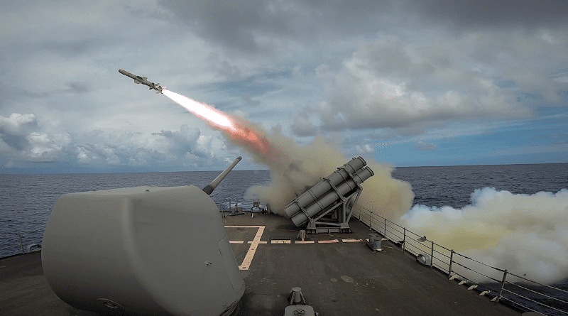 The guided missile cruiser USS Chancellorsville fires a Harpoon/Stand-Off Land Attack Missile from its fantail in support of the Valiant Shield exercise in the Philippine Sea, Sept. 23, 2018. Photo Credit: Navy Petty Officer 2nd Class Sarah Myers