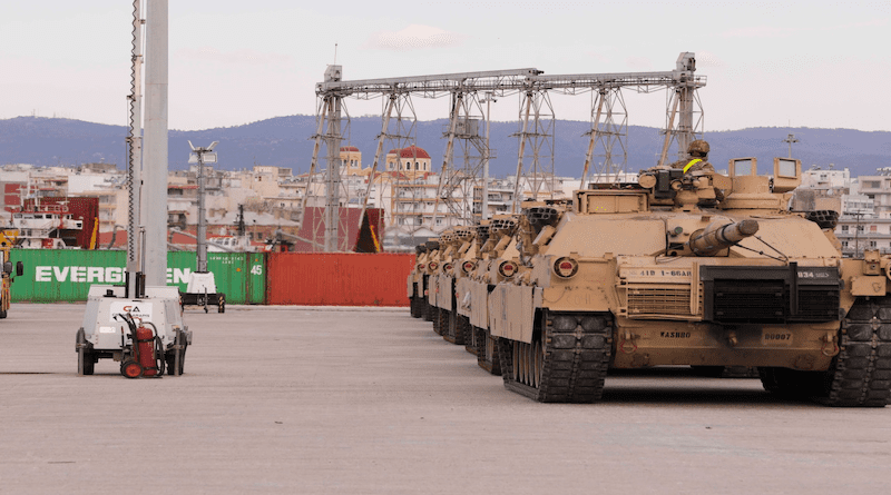 Soldiers stage M1 Abrams tanks at the Port of Alexandroupolis, Greece, March 21, 2022. The soldiers are assigned to the 3rd Armored Brigade Combat Team, 4th Infantry Division, which has deployed to Europe to build readiness, increase interoperability and enhance the bond between allied and partner militaries. Photo Credit: Army Spc. Austin Steinborn