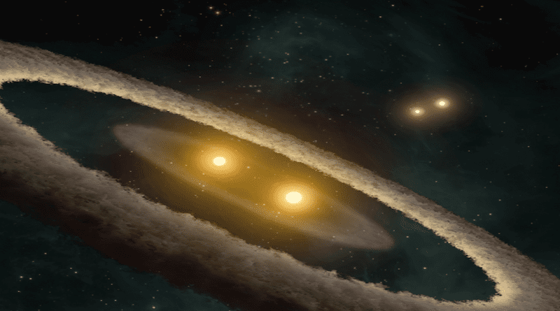 Artist’s interpretation of HD 98800, a quadruple-star system located 150 light-years away in the constellation TW Hydrae. Bin Liu and Alejandro Vigna-Gomez suggest that the more massive tertiary-star system TIC 470710327 could have started in a similar configuration – two binary systems with one of them eventually merging into one, bigger star. TIC 470710327 is located very close to “Cassiopeia”. Image credit: NASA/JPL-Caltech/UCLA