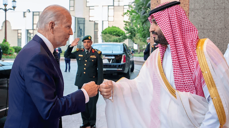 US President Joe Biden greets Saudi Arabia's Crown Prince Mohammed bin Salman Al Saud. Photo Credit: Saudi Press Agency