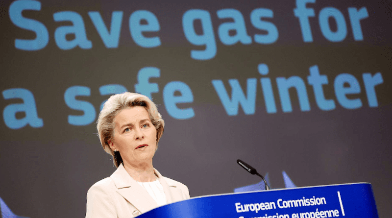 European Commission President Ursula von der Leyen speaks at press conference announcing plans to cut gas use. Photo Credit: European Commission