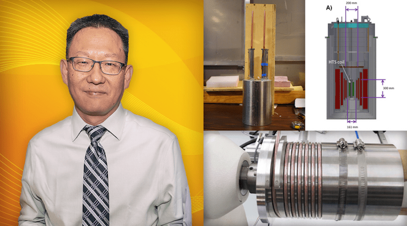 PPPL principal engineer Yuhu Zhai with images of a high-temperature superconducting magnet, which could improve the performance of spherical tokamak fusion devices. CREDIT: Collage by Kiran Sudarsanan / PPPL Office of Communications