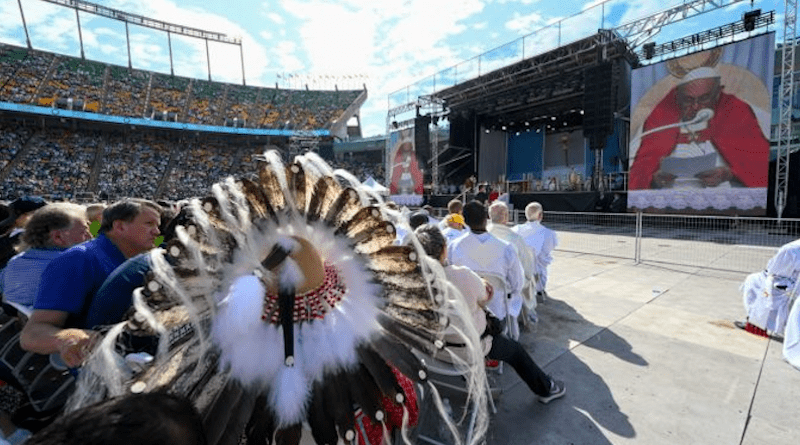 Pope Francis celebrates Mass from the Commonwealth Stadium in Edmonton, Alberta, on July 26, 2022. | Vatican Media