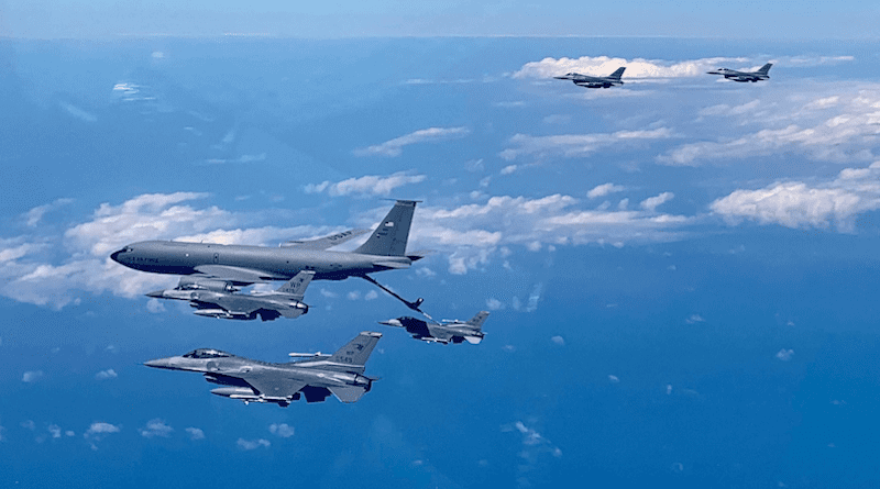 Air Force F-16 Fighting Falcons conduct a refueling mission with a KC-135 Stratotanker during the military exercise Cope Tiger 2022. The U.S., Singapore and Thailand participated in the exercise. Photo Credit: Air Force